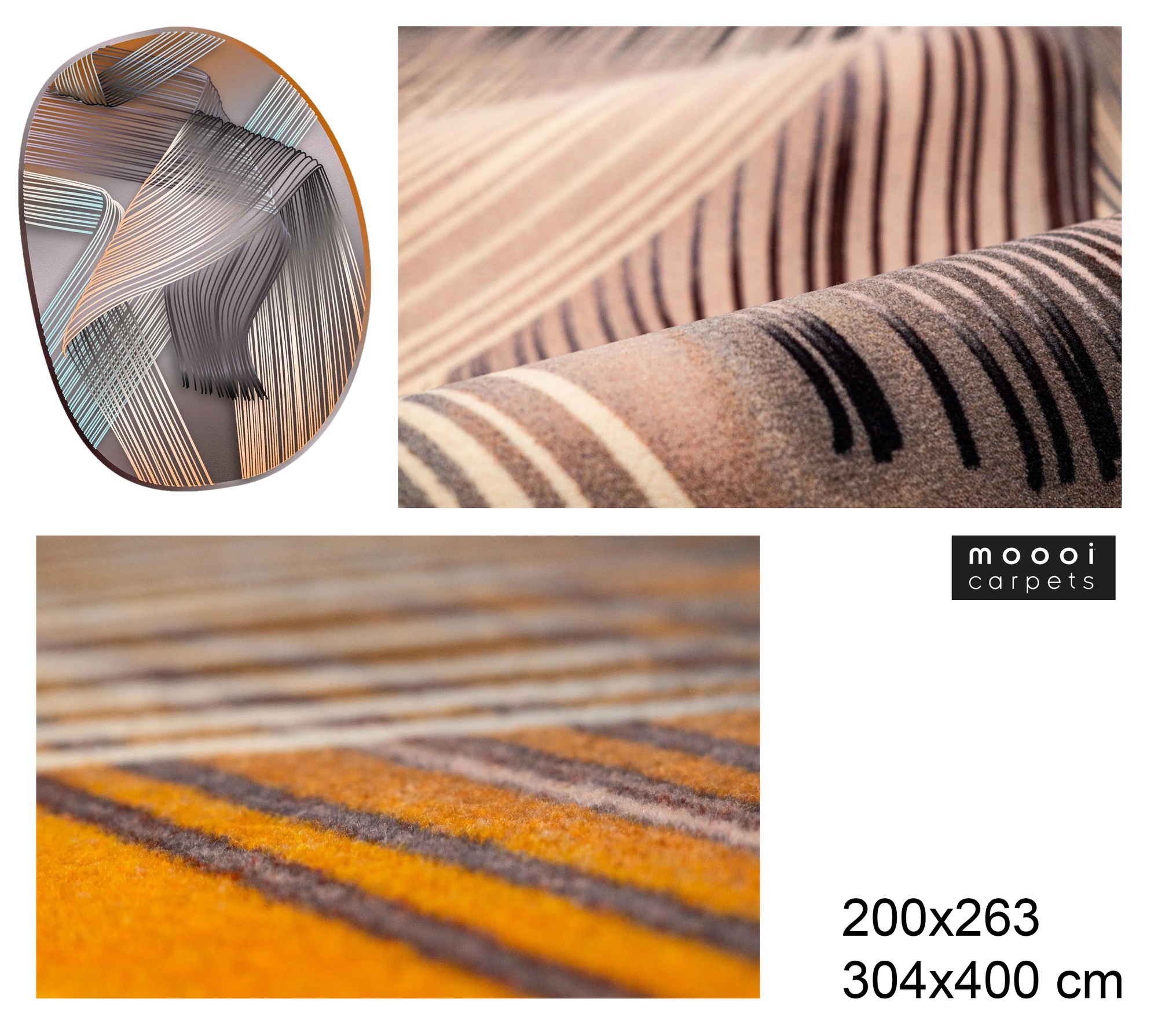 Яркий оранжевый ковер Moooi Orange Rhythm с желтыми и черными полосами для эклектичного интерьера